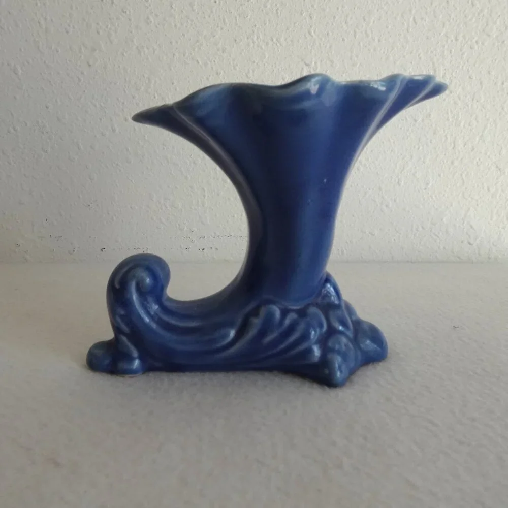 Vintage Cameron Clay Cornucopia Vase Art Deco Blue Pottery 5.25” x 6”